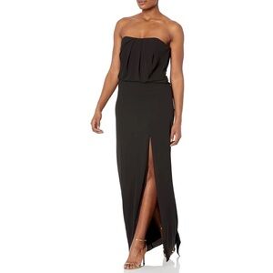 $425 Halston Heritage Strapless Drape Back Flowy Gown Bustier Slit Black 0